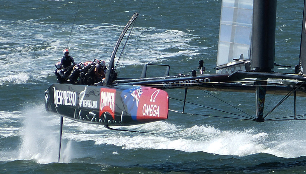 Emirates Team New Zealand hydrofoiling at high speed